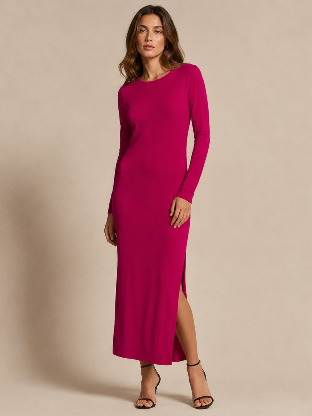 Bordeaux Fitted Rib Knit Long-Sleeve Maxi Dress in Fuchsia